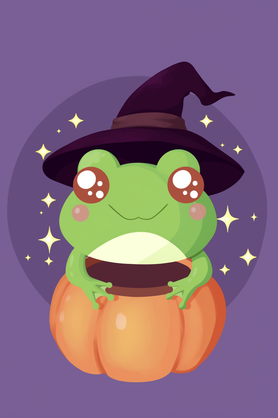 halloween frog drawing ideas 2 features a cute green frog sitting inside an orange pumpkin while wearing a whimsical black witch hat, surrounded by sparkling stars on a purple background.